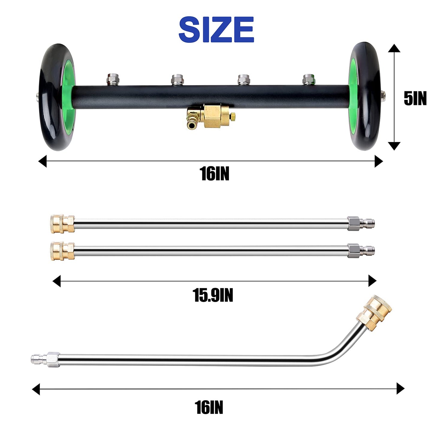 EVEAGE 2-in-1 Undercarriage Pressure Washer Attachment, 16" Pressure Washer Undercarriage Cleaner, Underbody Sprayer with Extension Rods Wash Mitt, Green