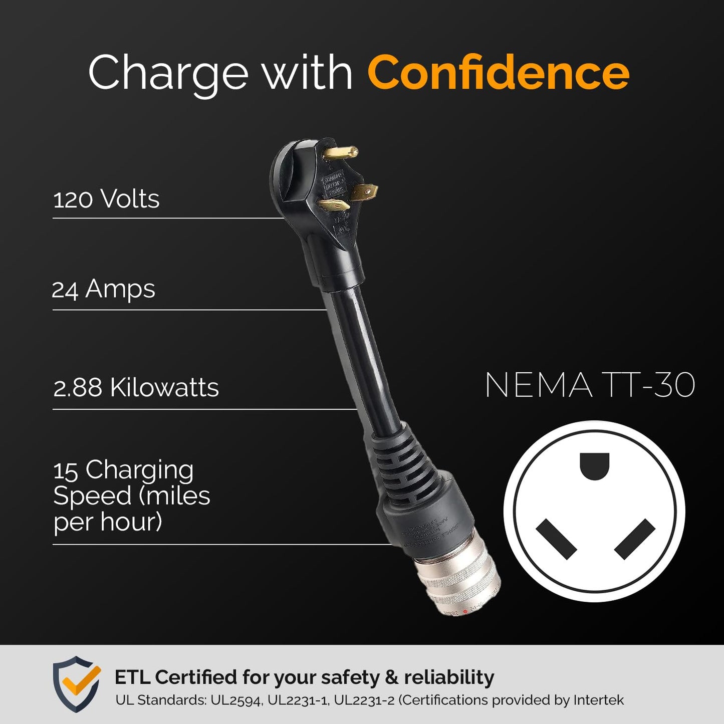 NEMA TT-30 Charger Adapter Plug for J+ Booster 2 | Portable Level 2 EV Charger for All Electric Vehicles (24 amps, 120V, 2.88kw)