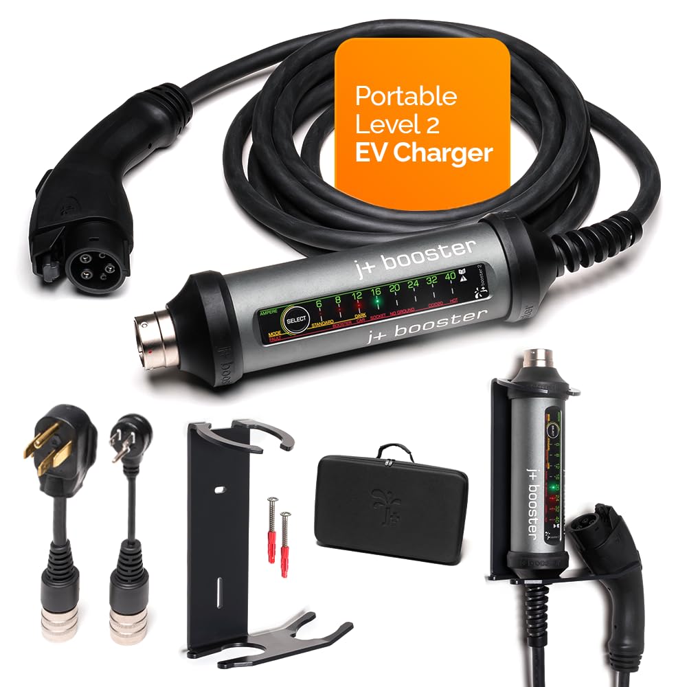 J+ Booster 2 Portable EV Charger - Level 2 40 Amp Fast Charging Station for All EV's Home Indoors or Outdoors (9.6 kW, 240V, EVSE, ETL Certified, NEMA 14-50, Carrying Case, 21ft)