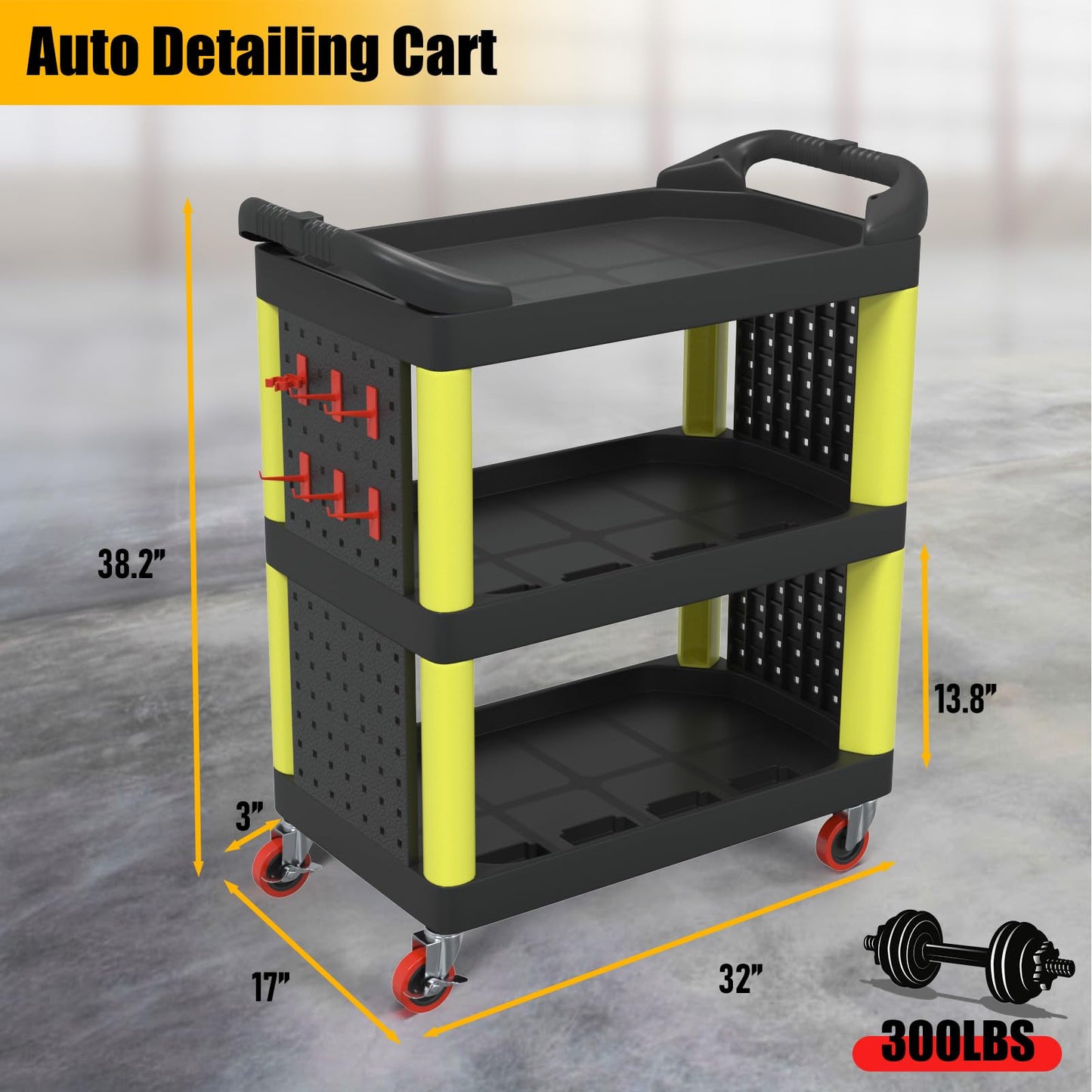 3 Tier Auto Detailing Cart with Wheels, Rolling Detail Cart with Long Hanging Plate & Hooks & Hanging Bucket, Car Wash Organizer Cart for Detailers Garage Workshop, Repair Shop, Storage Tool ,BlackRed