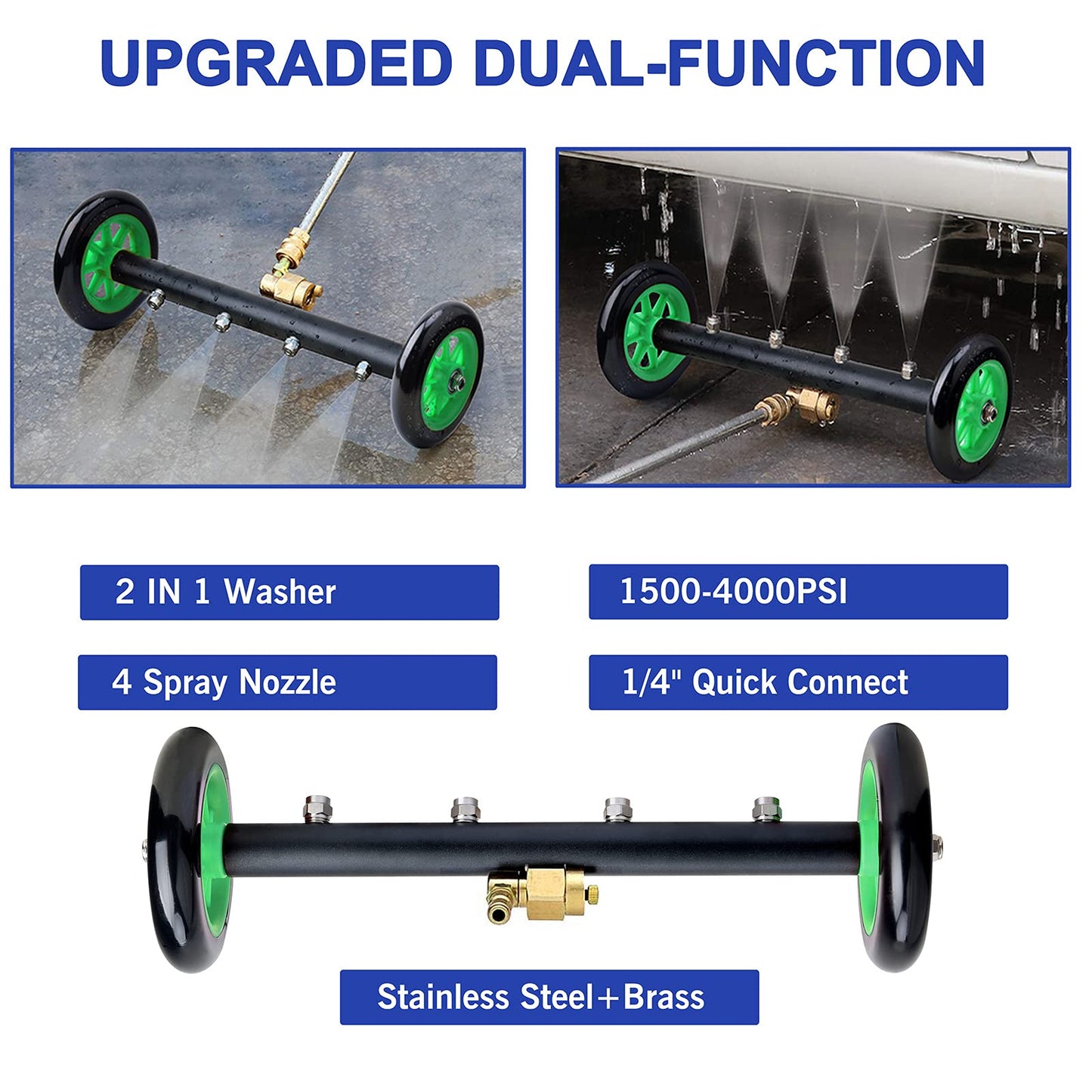 EVEAGE 2-in-1 Undercarriage Pressure Washer Attachment, 16" Pressure Washer Undercarriage Cleaner, Underbody Sprayer with Extension Rods Wash Mitt, Green