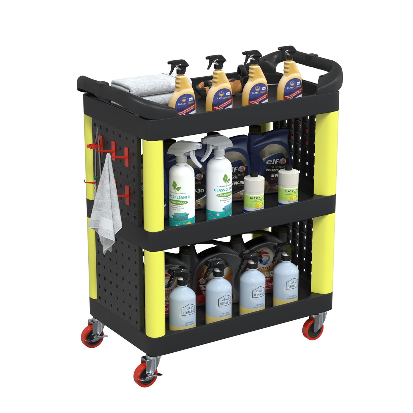 3 Tier Auto Detailing Cart with Wheels, Rolling Detail Cart with Long Hanging Plate & Hooks & Hanging Bucket, Car Wash Organizer Cart for Detailers Garage Workshop, Repair Shop, Storage Tool ,BlackRed