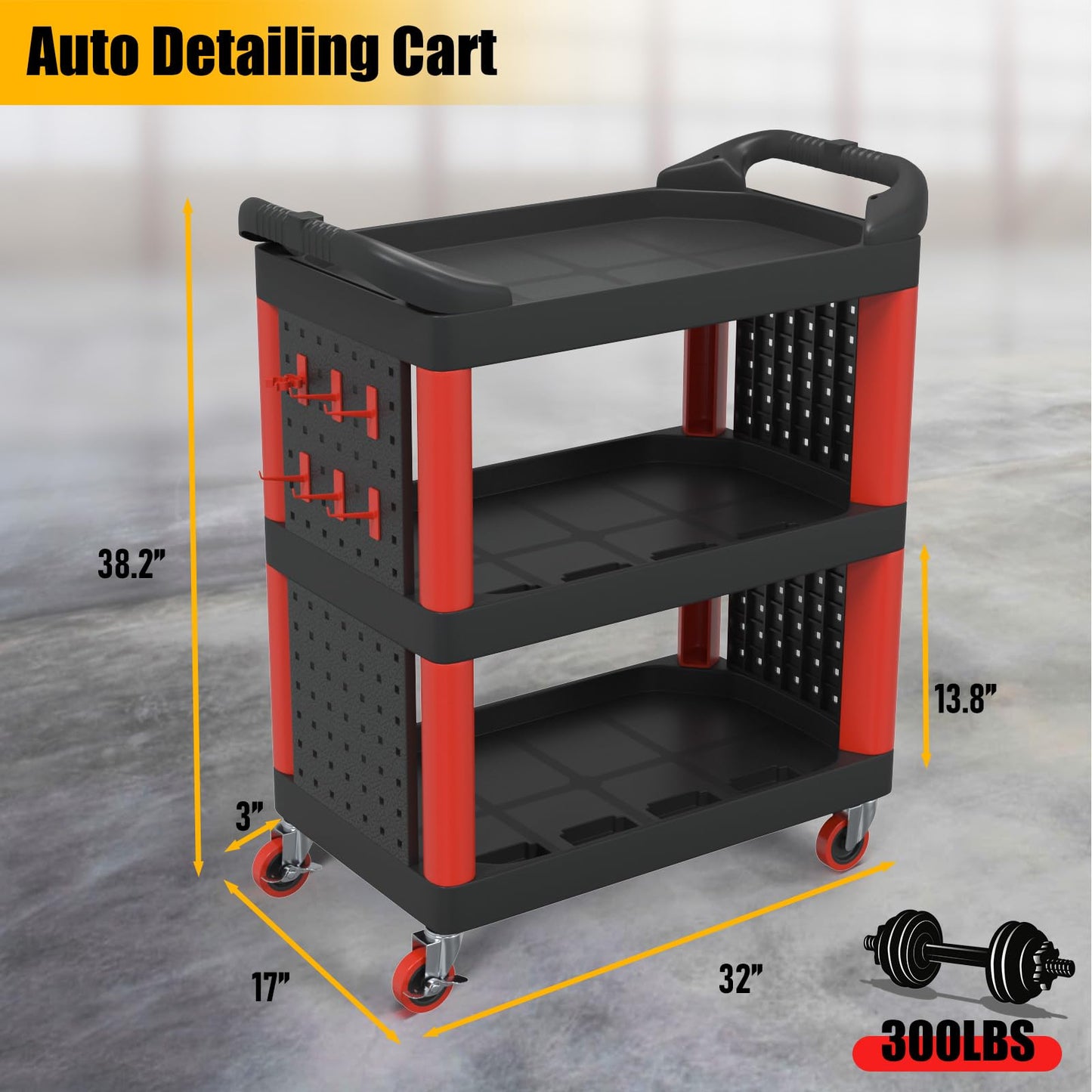 3 Tier Auto Detailing Cart with Wheels, Rolling Detail Cart with Long Hanging Plate & Hooks & Hanging Bucket, Car Wash Organizer Cart for Detailers Garage Workshop, Repair Shop, Storage Tool ,BlackRed