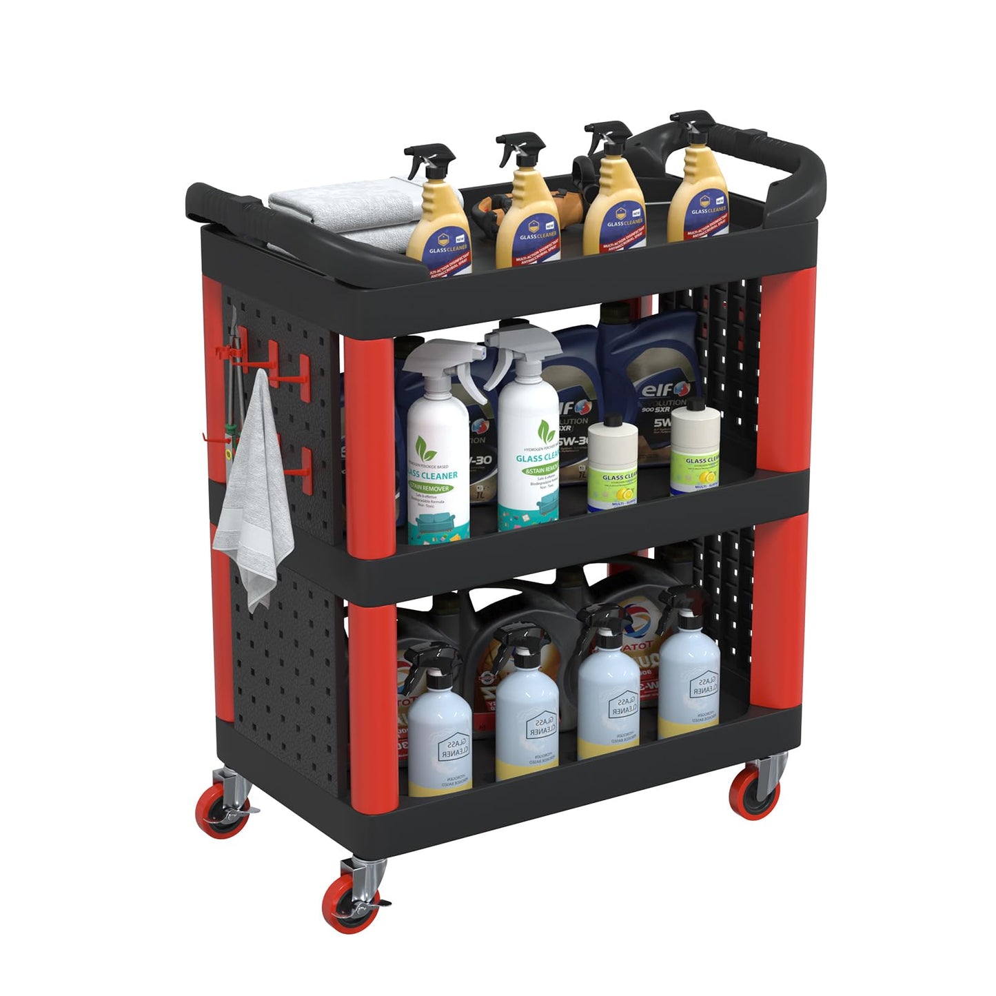 3 Tier Auto Detailing Cart with Wheels, Rolling Detail Cart with Long Hanging Plate & Hooks & Hanging Bucket, Car Wash Organizer Cart for Detailers Garage Workshop, Repair Shop, Storage Tool ,BlackRed