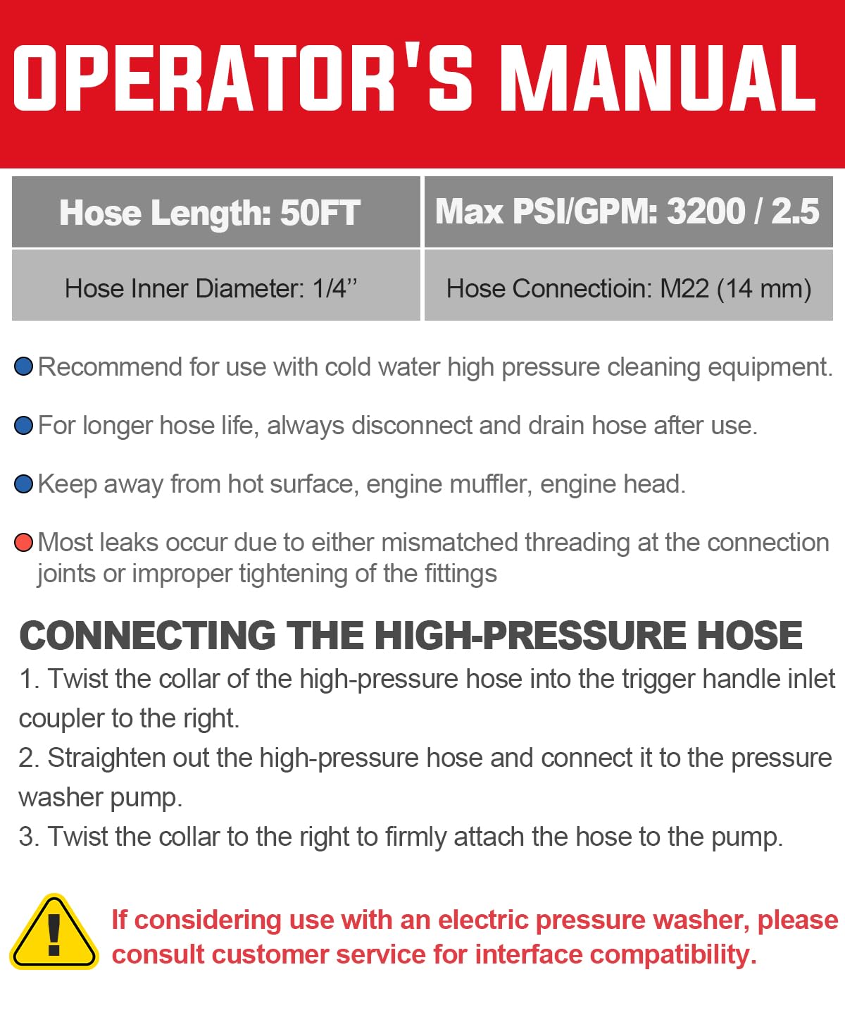 YAMATIC Kink Resistant Pressure Washer Hose 30FT 1/4" M22 Brass Fitting Power Washer Hose Replacement for Ryobi, Troy Bilt, Greenworks, CRAFTSMAN Most Brand Power Washer, 3200 PSI