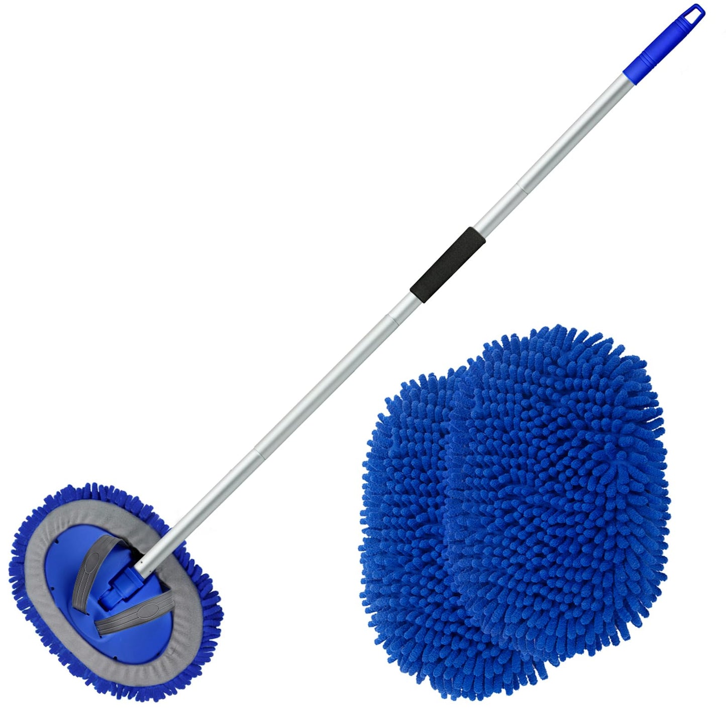 anngrowy 62" Microfiber Car Wash Brush Mop Kit Mitt Sponge with Long Handle Car Cleaning Supplies Kit Duster Washing Car Tools Accessories, 1 Chenille Scratch-Free Replacement Head Aluminum Alloy Pole