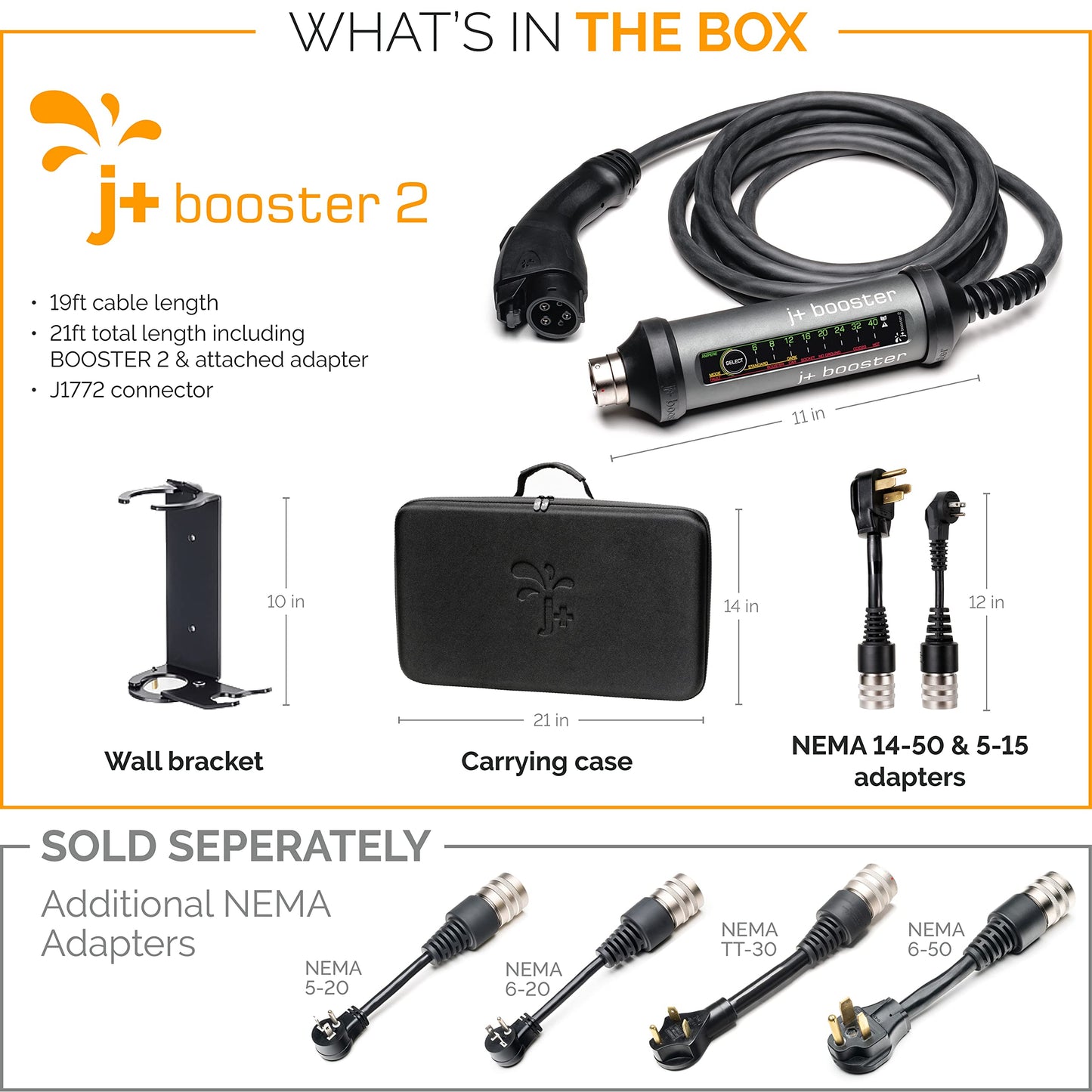 J+ Booster 2 Portable EV Charger - Level 2 40 Amp Fast Charging Station for All EV's Home Indoors or Outdoors (9.6 kW, 240V, EVSE, ETL Certified, NEMA 14-50, Carrying Case, 21ft)