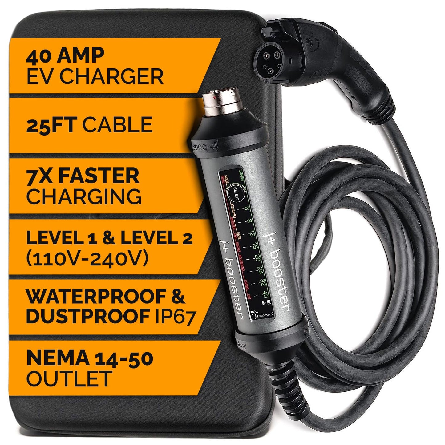 J+ Booster 2 Portable EV Charger - Level 2 40 Amp Fast Charging Station for All EV's Home Indoors or Outdoors (9.6 kW, 240V, EVSE, ETL Certified, NEMA 14-50, Carrying Case, 21ft)