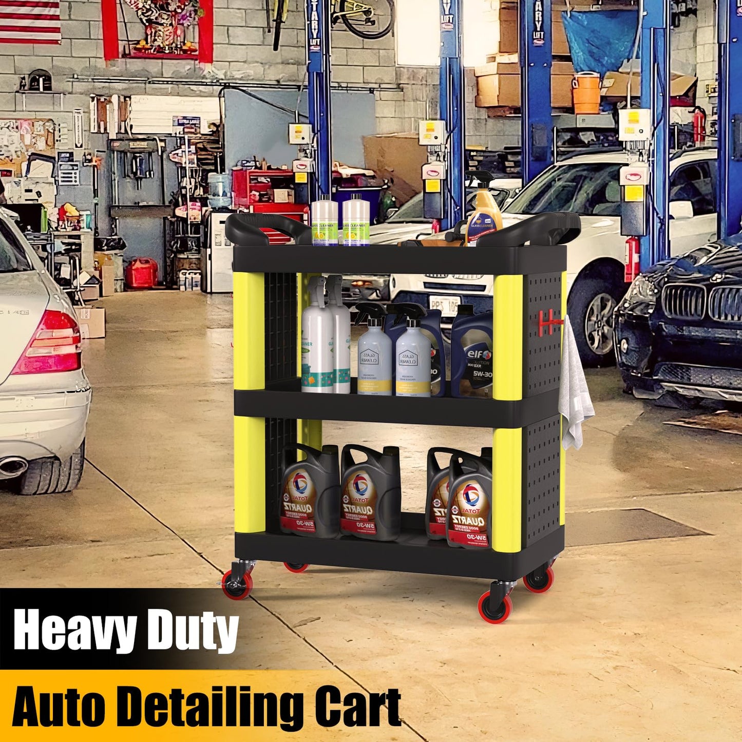 3 Tier Auto Detailing Cart with Wheels, Rolling Detail Cart with Long Hanging Plate & Hooks & Hanging Bucket, Car Wash Organizer Cart for Detailers Garage Workshop, Repair Shop, Storage Tool ,BlackRed