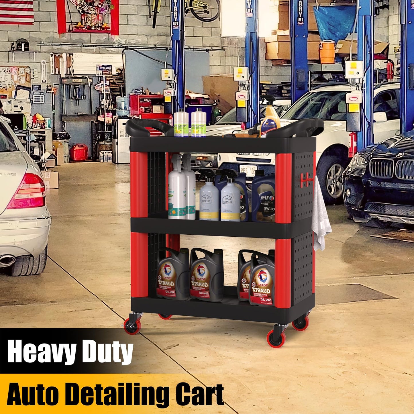 3 Tier Auto Detailing Cart with Wheels, Rolling Detail Cart with Long Hanging Plate & Hooks & Hanging Bucket, Car Wash Organizer Cart for Detailers Garage Workshop, Repair Shop, Storage Tool ,BlackRed